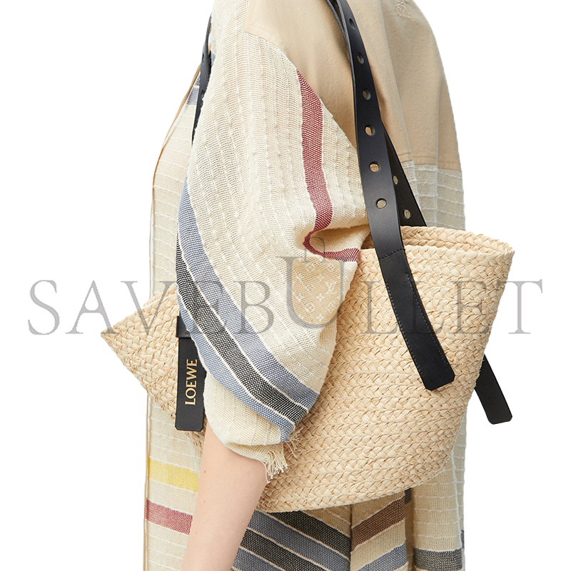 L0ew* SMALL PUNCH HOLE BASKET IN RAFFIA AND CALFSKIN A223BBPX01 (38*22*16cm)
